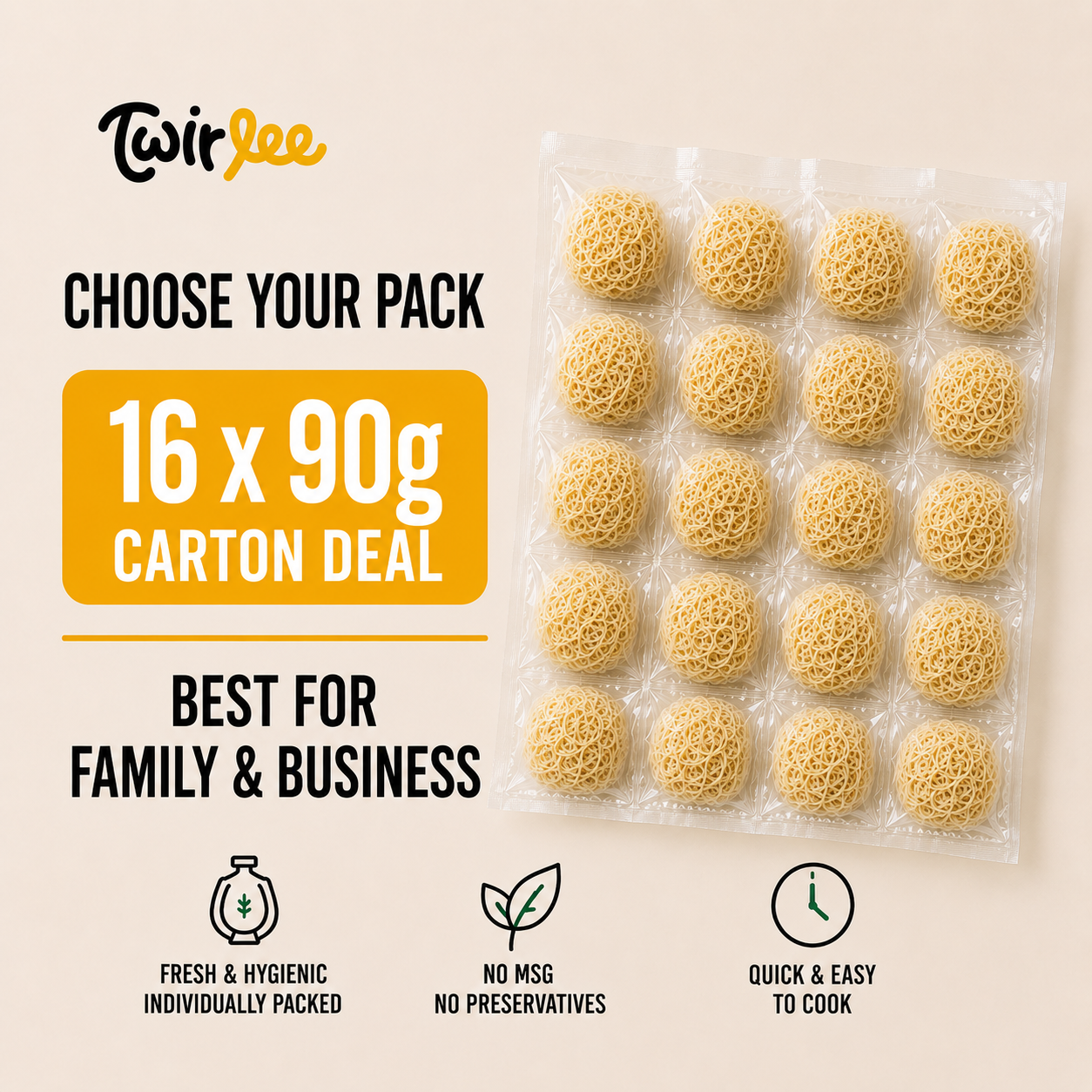 Twirlee QQ Noodles 16x90g (Fresh Noodles Made in Singapore No MSG No Preservatives)