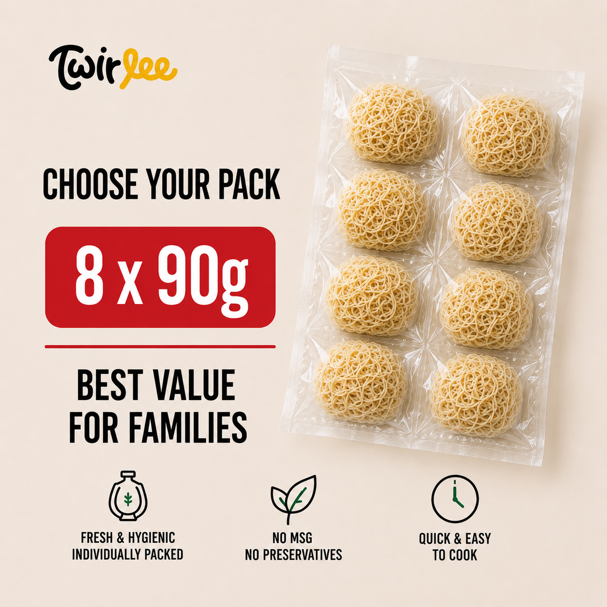 Twirlee QQ Noodles 8x90g (Fresh Noodles Made in Singapore No MSG No Preservatives)