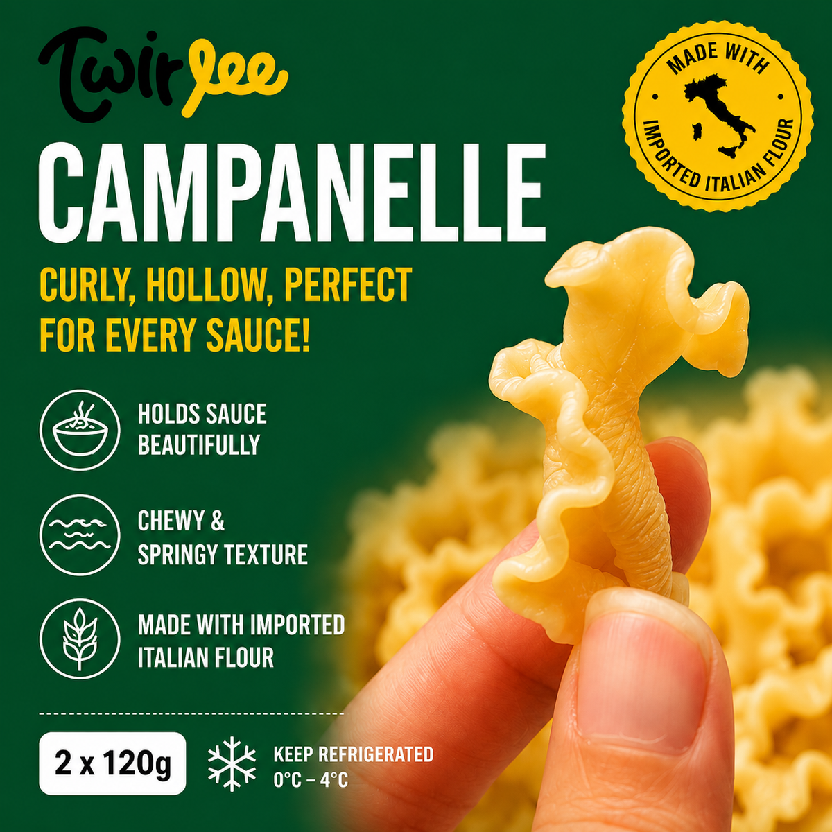 Twirlee Fresh Pasta Campanelle (Freshly made with flour from Italy) 2x120g