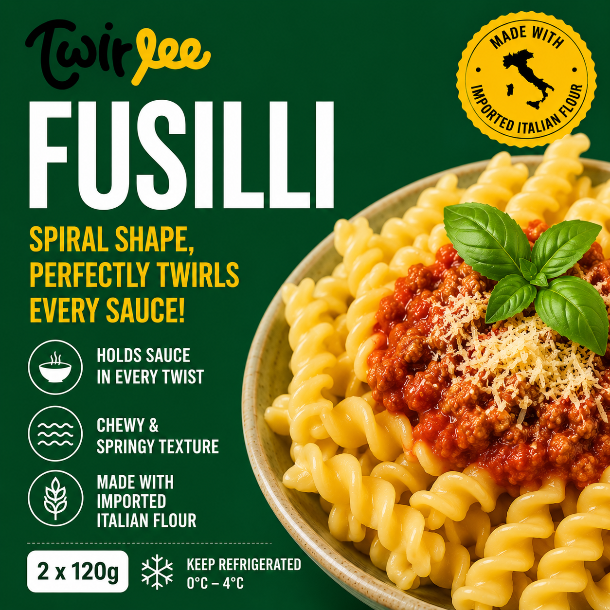Twirlee Fresh Pasta Fusilli (Freshly made with flour from Italy) 2x120g