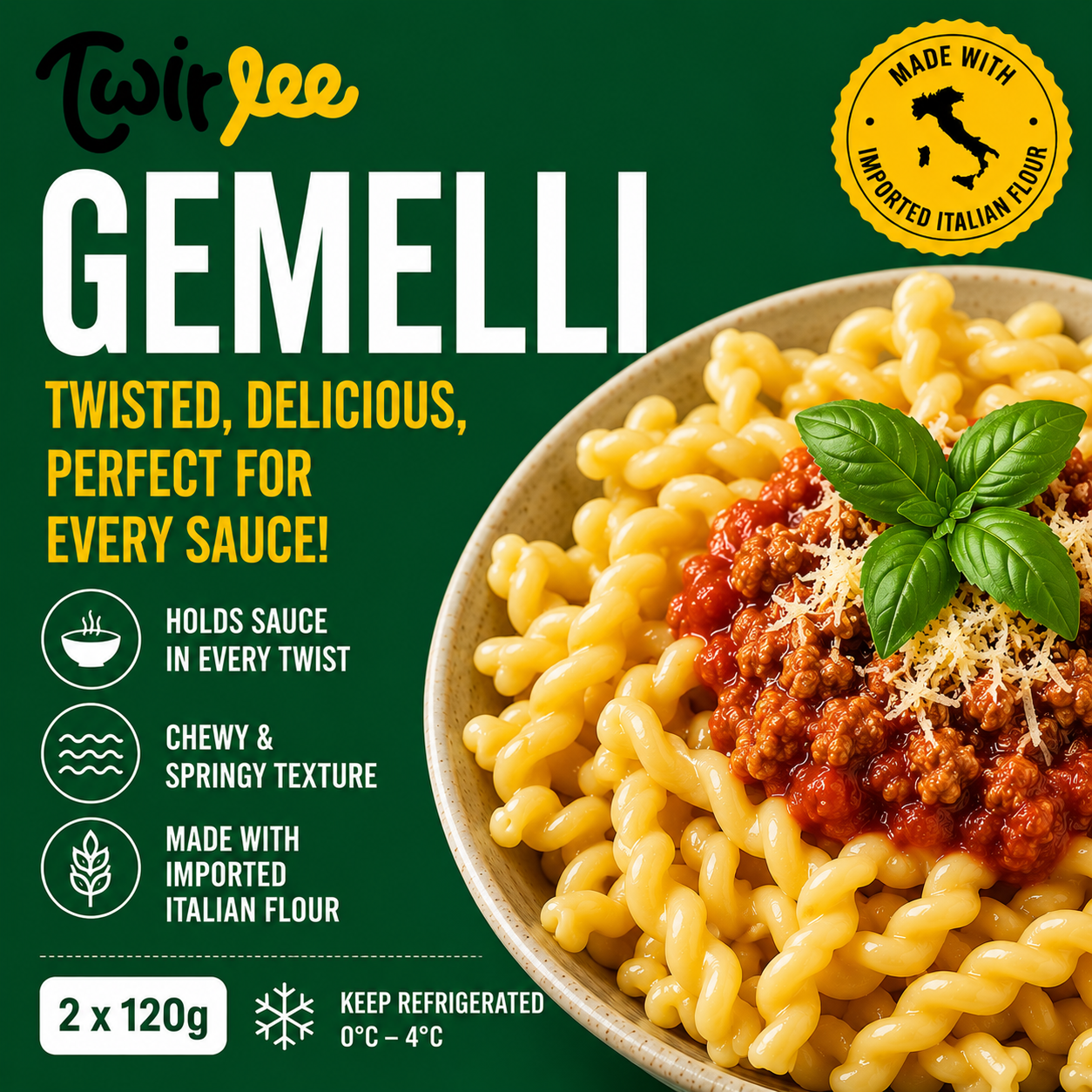 Twirlee Fresh Pasta Gemilli (Freshly made with flour from Italy) 2x120g