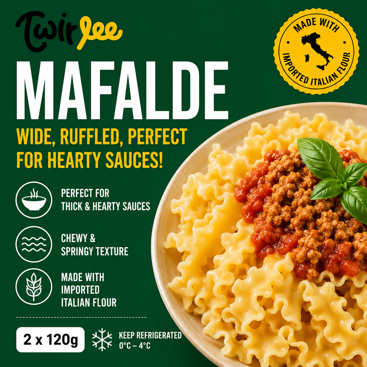 Twirlee Fresh Pasta Mafalde (Freshly made with flour from Italy) 2x120g