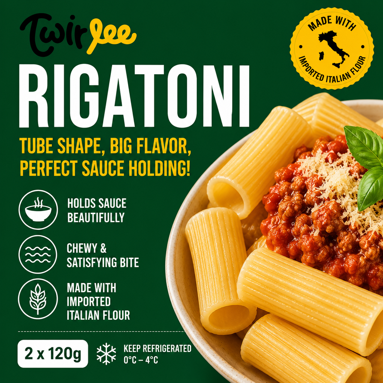 Twirlee Fresh Pasta Rigatoni (Freshly made with flour from Italy) 2x120g