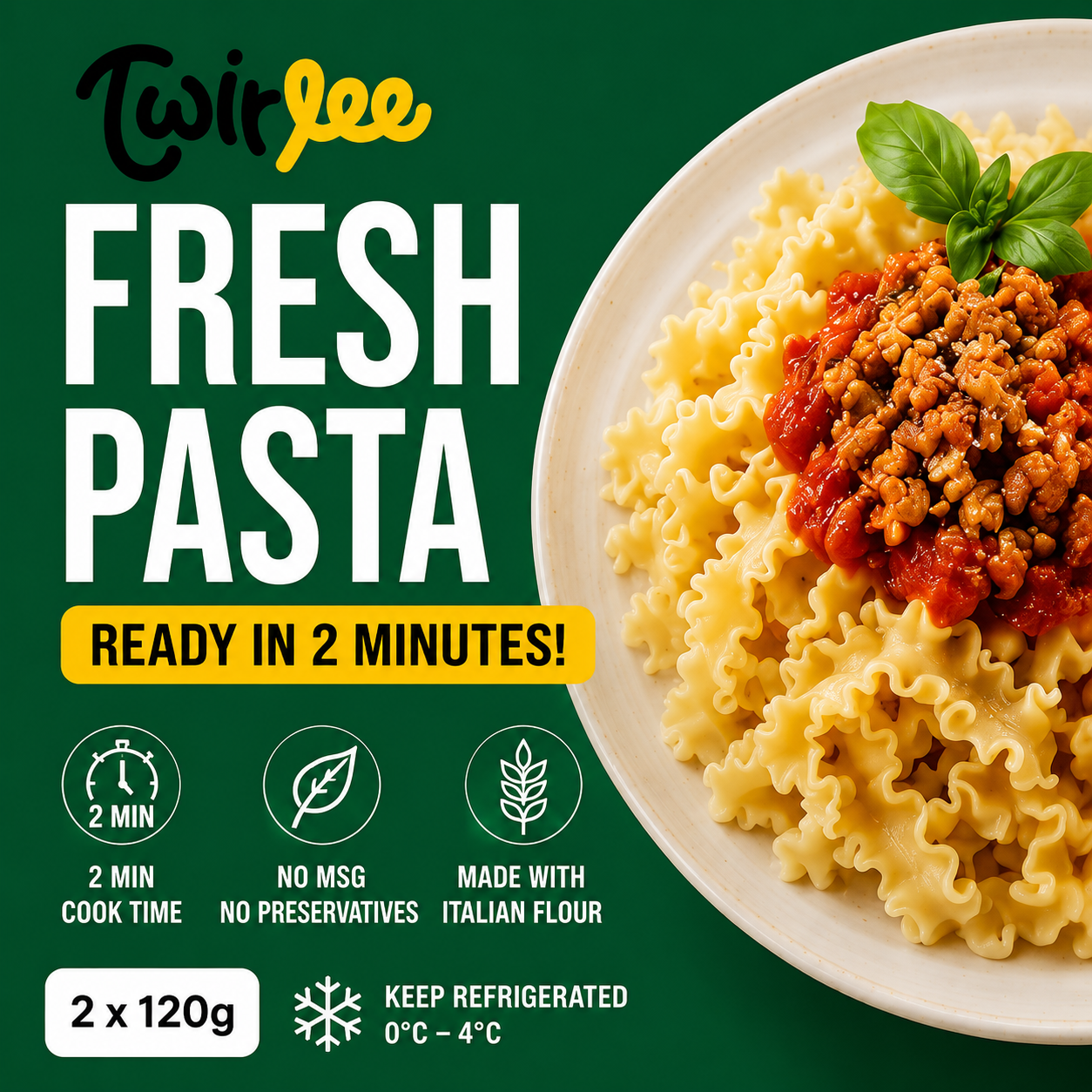 Twirlee Fresh Pasta Mafalde (Freshly made with flour from Italy) 2x120g